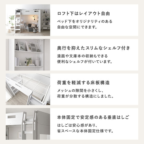 ロフト下はレイアウト自由/奥行を抑えたスリムなシェルフ付き/荷重を軽減する床板構造/本体固定で安定感のある垂直はしご