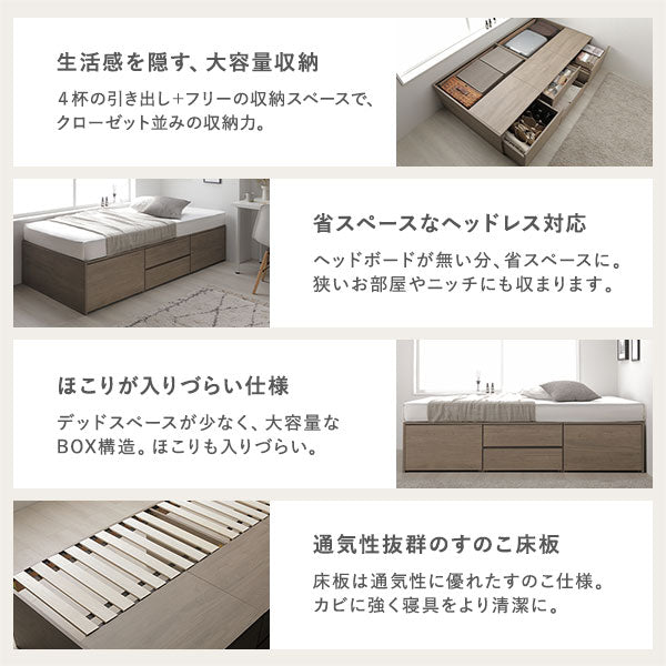 生活感を隠す、大容量収納/省スペースなヘッドレス対応/ほこりが入りづらい仕様/通気性抜群のすのこ床板