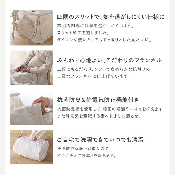 四隅のスリットで、熱を逃がしにくい仕様に/ふんわり心地よい、こだわりのフランネル/抗菌防臭&静電気防止機能付き/ご自宅で洗濯できていつでも清潔