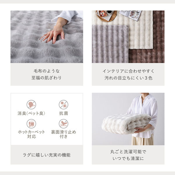 毛布のような至福の肌ざわり・インテリアに合わせやすく汚れの目立ちにくい3色・ラグに嬉しい充実の機能・丸ごと洗濯可能でいつでも清潔に