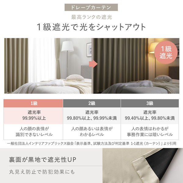 ドレープカーテン:最高ランクの遮光 1級遮光で光をシャットアウト