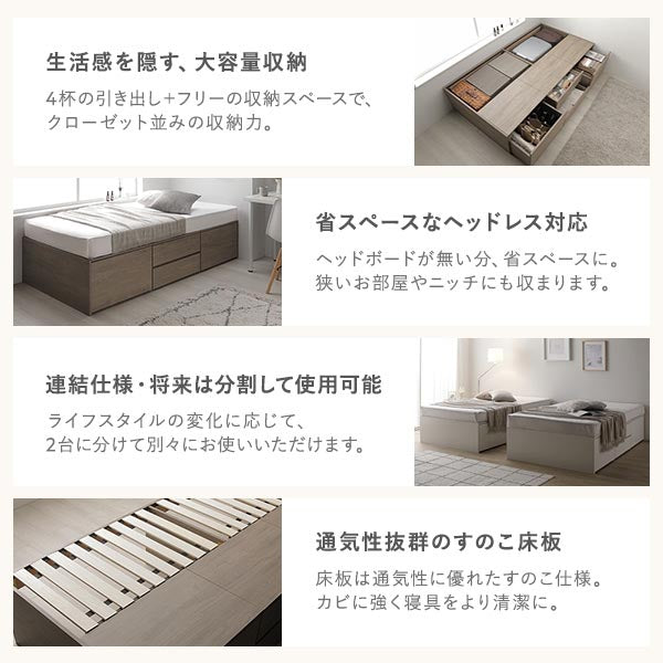 生活感を隠す、大容量収納/省スペースなヘッドレス対応/連結仕様・将来は分割して使用可能/通気性抜群のすのこ床板