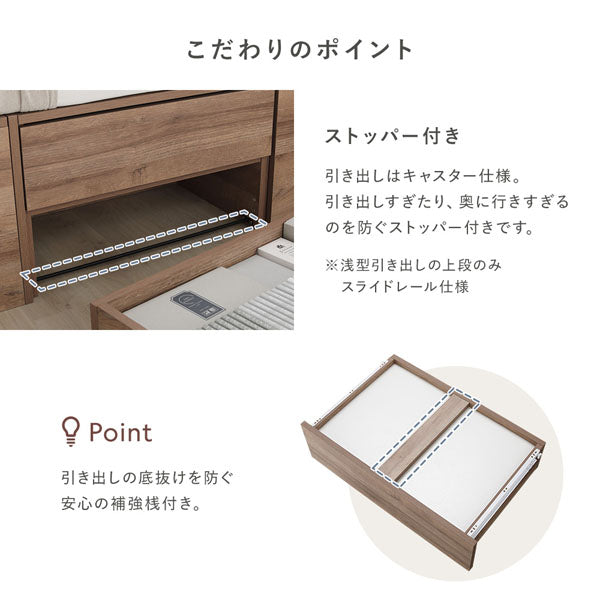 こだわりのポイント(ストッパー付き/引き出しの底抜けを防ぐ安心の補強桟付き)