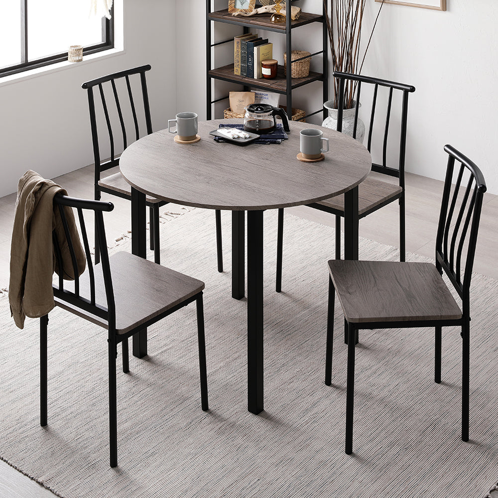 円形ダイニングセット(テーブル+パイプデザインチェア)グレージュ×ブラック