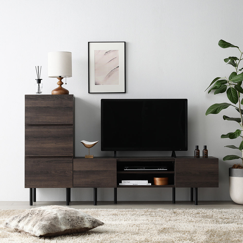 異素材MIX テレビボード(120cm幅) + チェスト(スリム3段) セット 『Stova ストーヴァ』 ブラウン