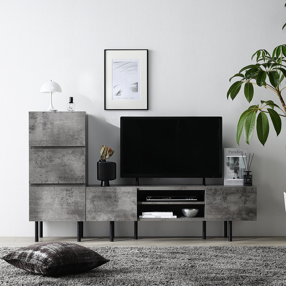 異素材MIX テレビボード(120cm幅) + チェスト(スリム3段) セット 『Stova ストーヴァ』 ストーングレー