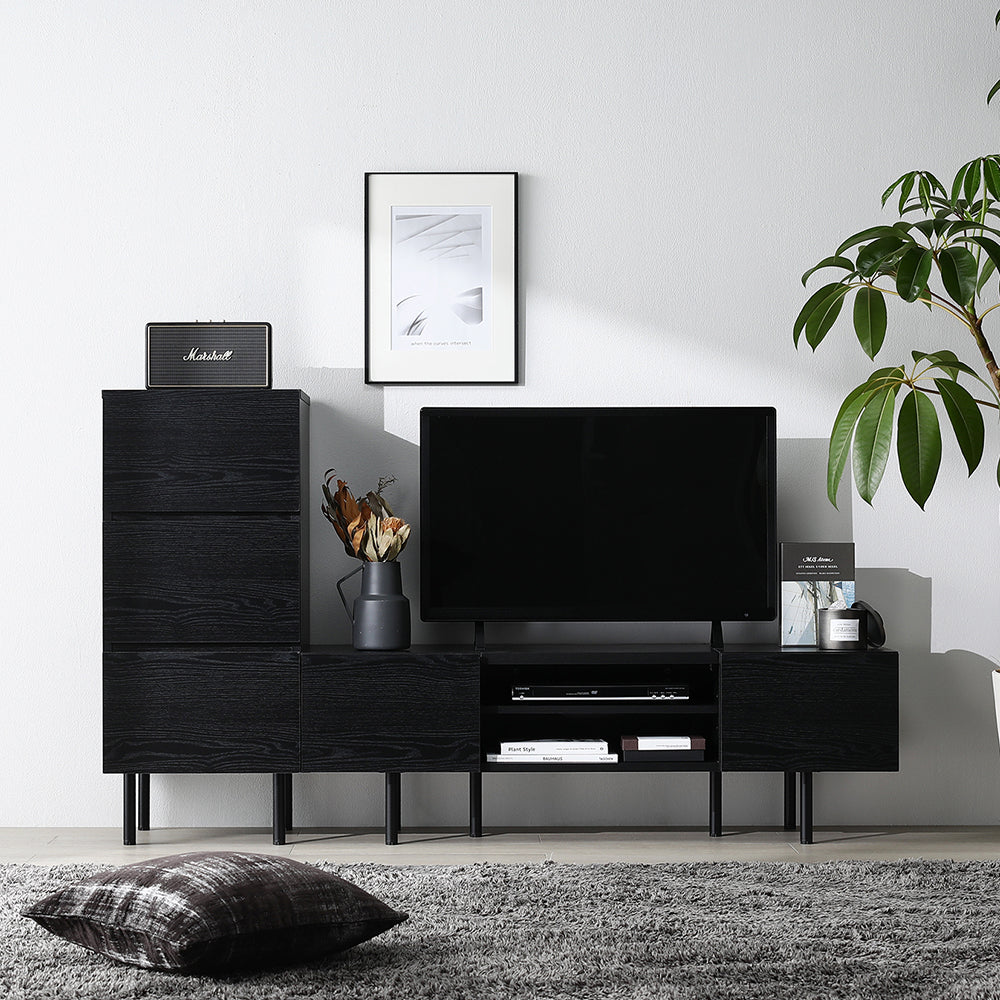 異素材MIX テレビボード(120cm幅) + チェスト(スリム3段) セット 『Stova ストーヴァ』 ブラック