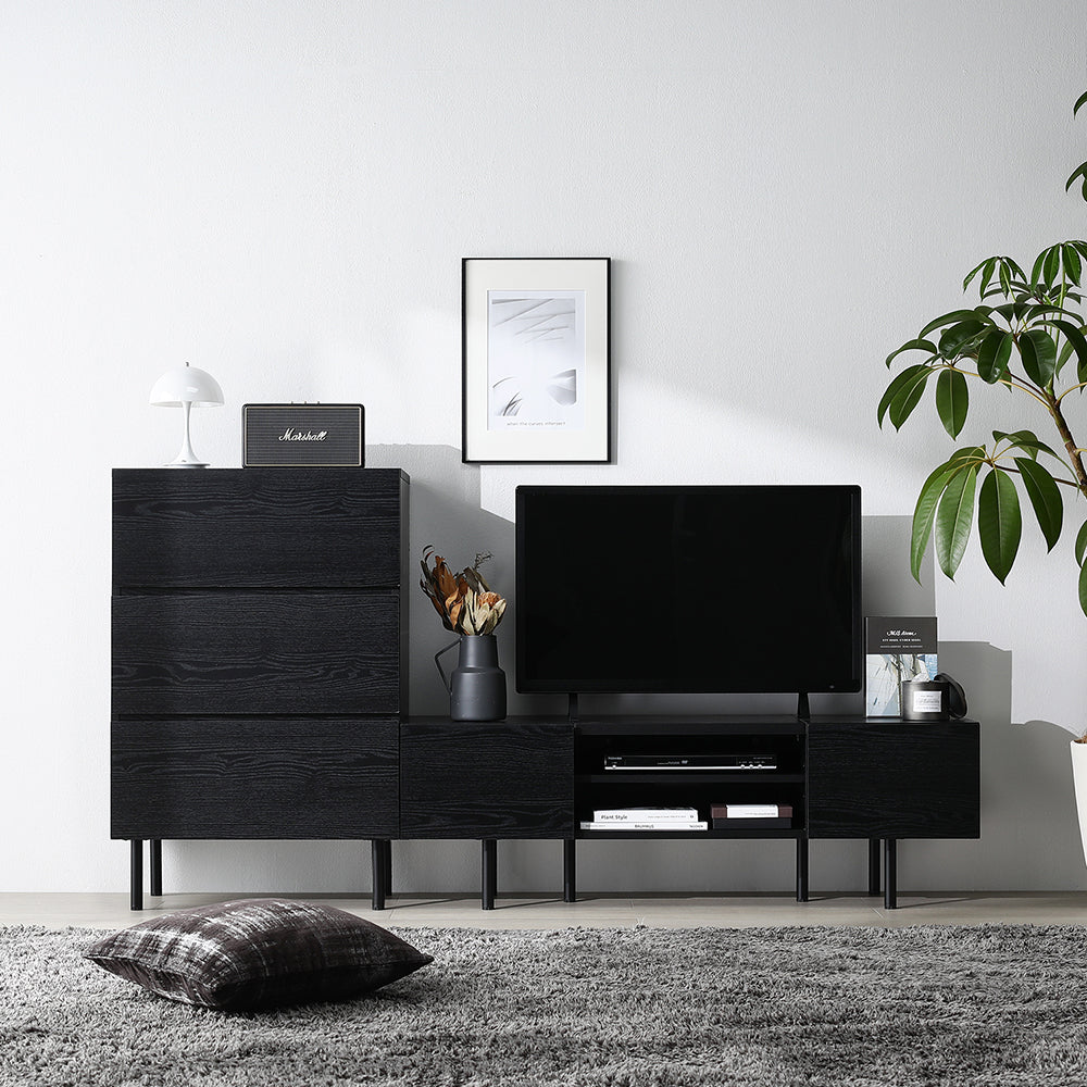 異素材MIX テレビボード(120cm幅) + チェスト(ワイド3段) セット 『Stova ストーヴァ』ブラック