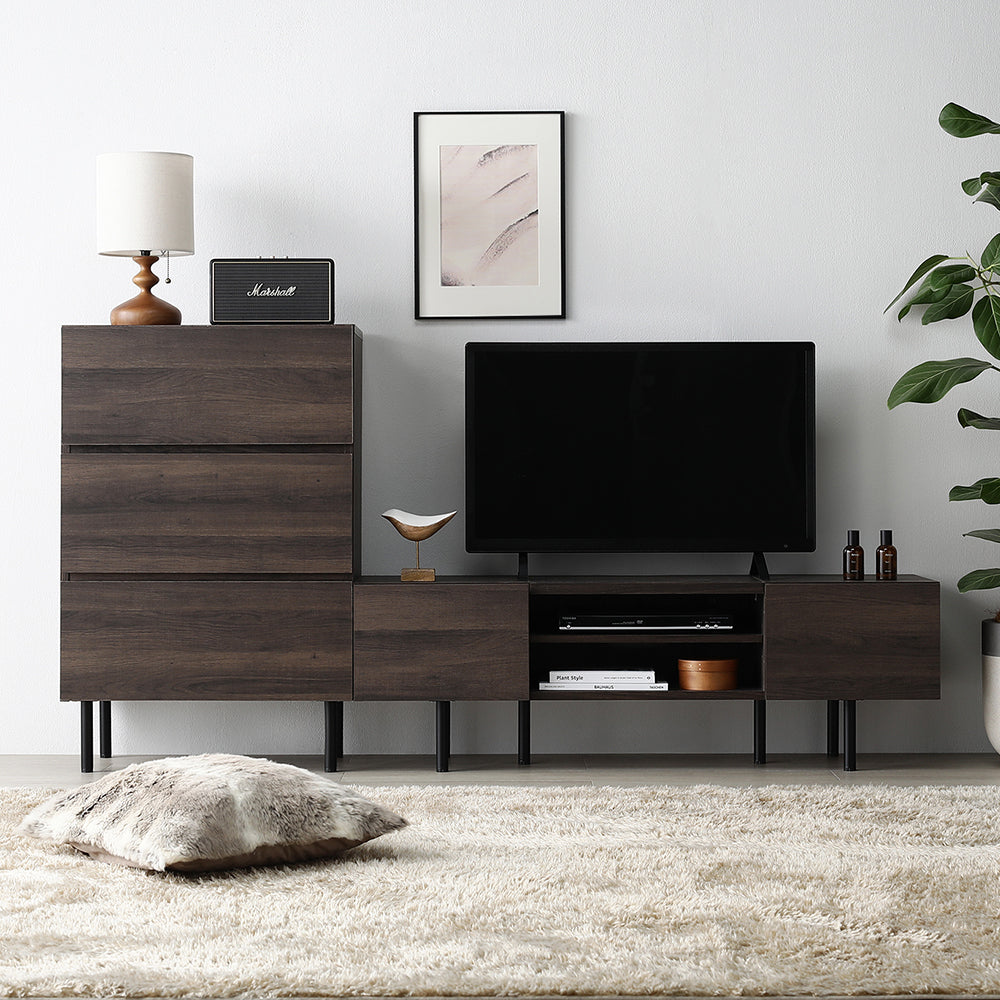 異素材MIX テレビボード(120cm幅) + チェスト(ワイド3段) セット 『Stova ストーヴァ』ブラウン