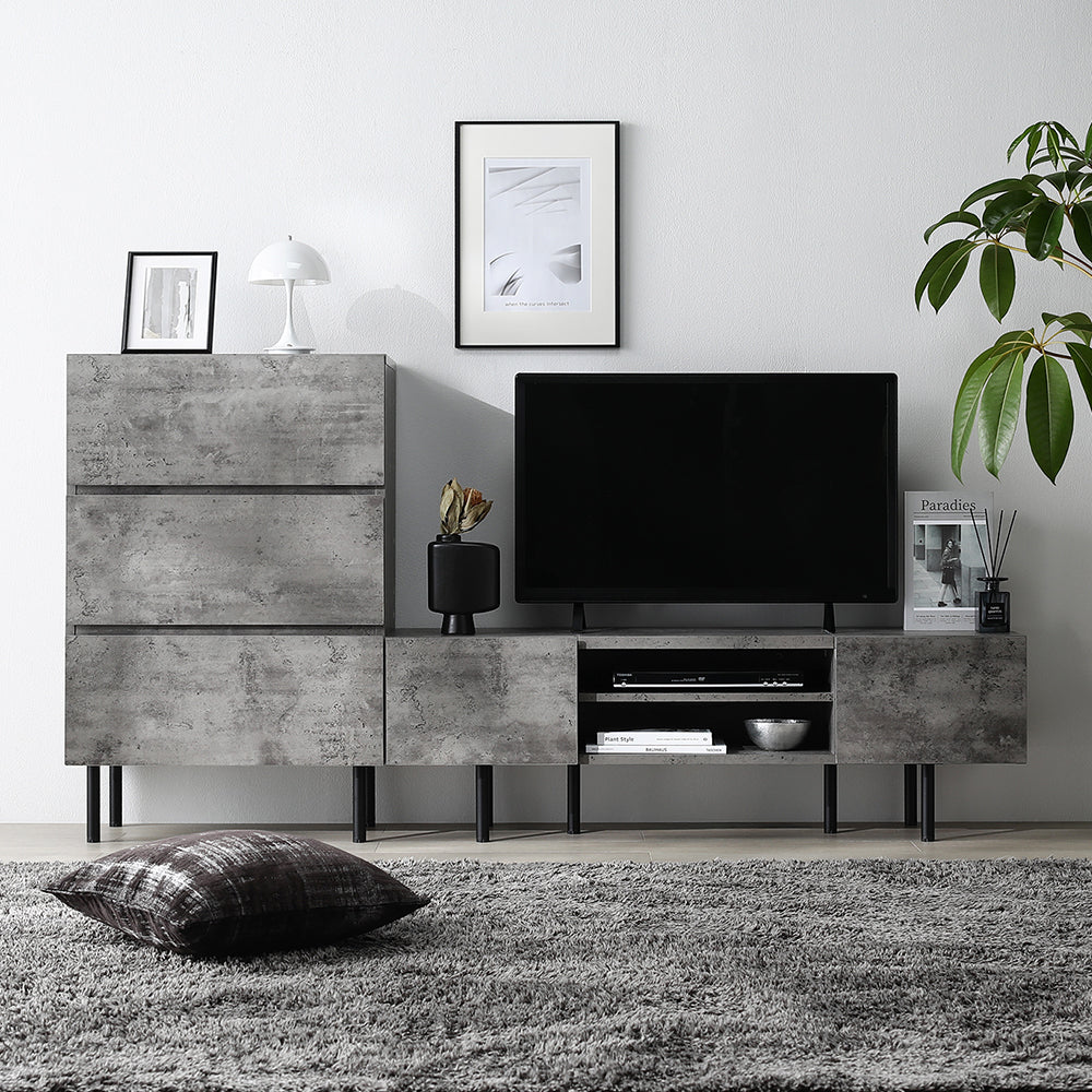 異素材MIX テレビボード(120cm幅) + チェスト(ワイド3段) セット 『Stova ストーヴァ』ストーングレー