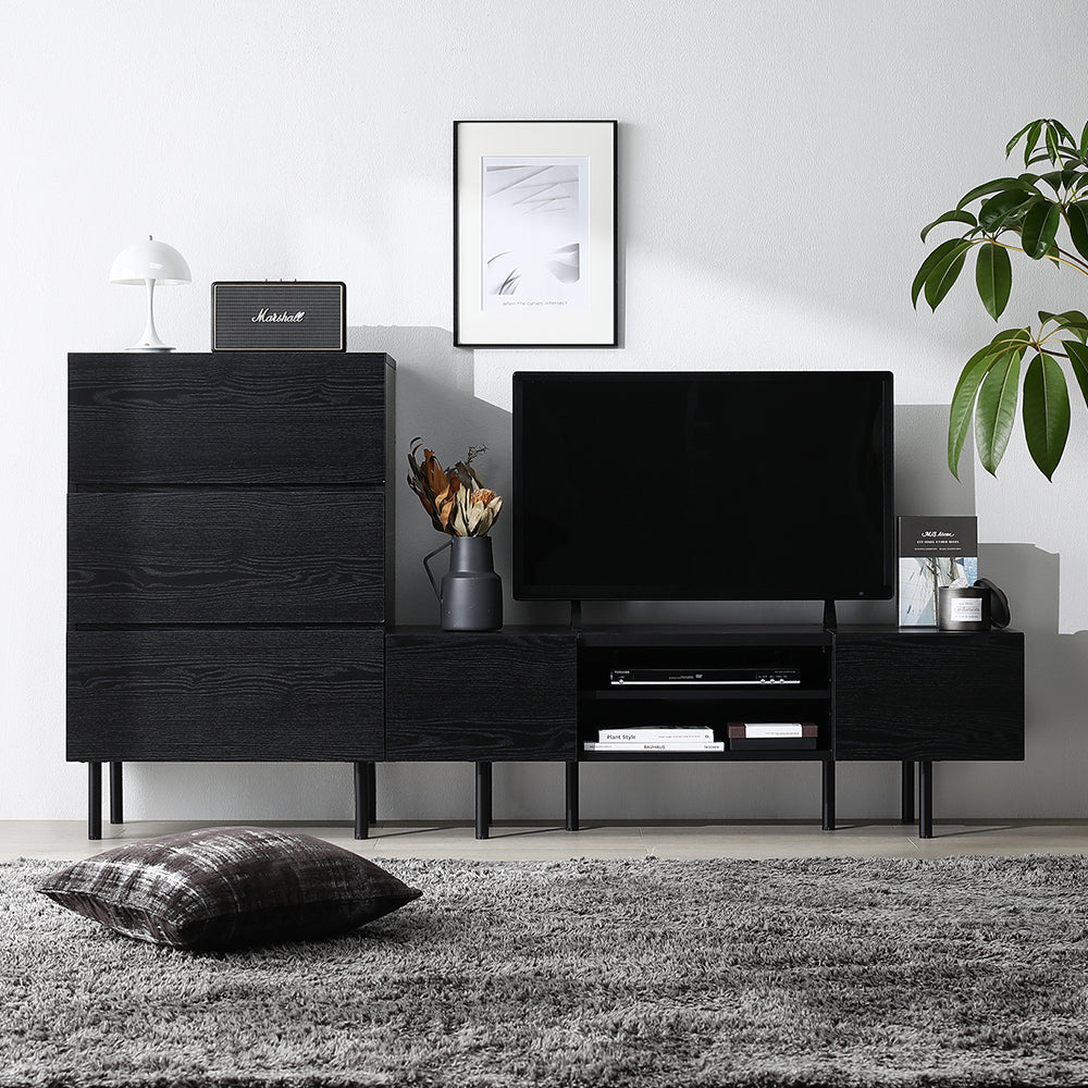 異素材MIX テレビボード(120cm幅) + チェスト(ワイド3段) セット 『Stova ストーヴァ』ブラック