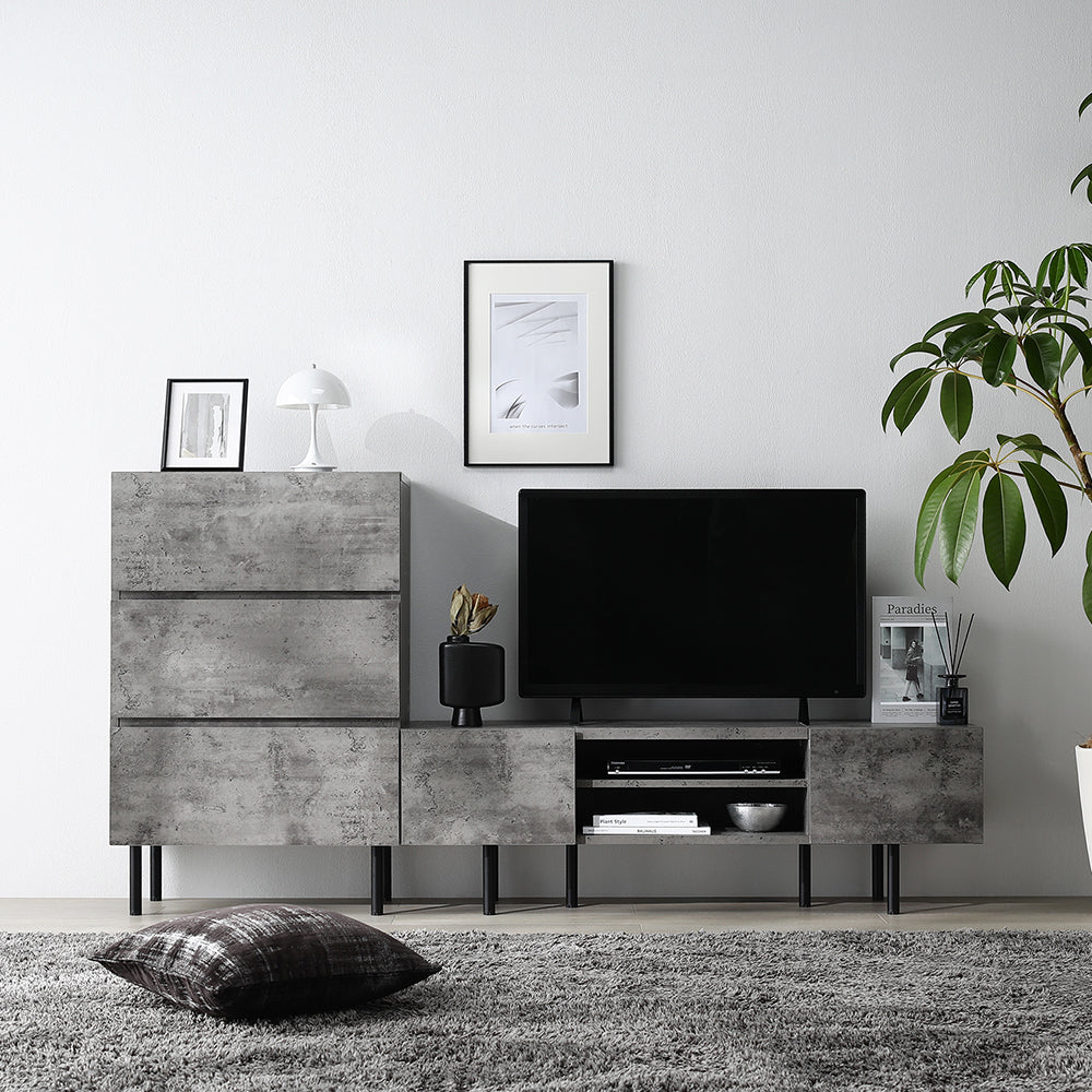 異素材MIX テレビボード(120cm幅) + チェスト(ワイド3段) セット 『Stova ストーヴァ』ストーングレー