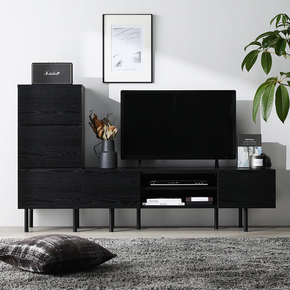 異素材MIX テレビボード(120cm幅) + チェスト(スリム3段) セット 『Stova ストーヴァ』 ブラック