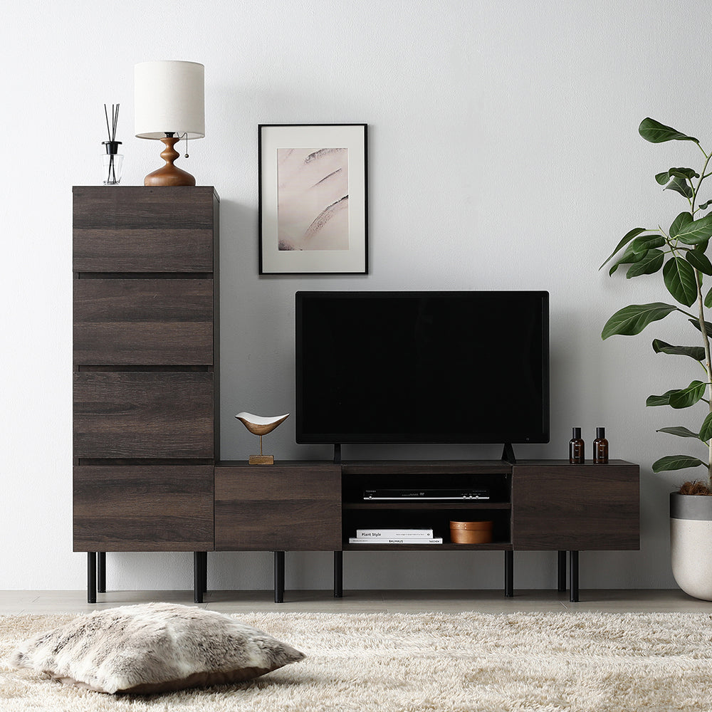 異素材MIX テレビボード(120cm幅) + チェスト(スリム4段) セット 『Stova ストーヴァ』 ブラウン