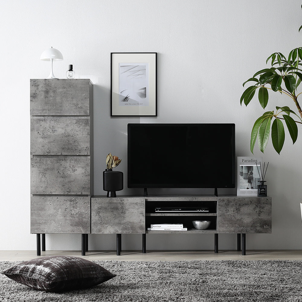異素材MIX テレビボード(120cm幅) + チェスト(スリム4段) セット 『Stova ストーヴァ』 ストーングレー