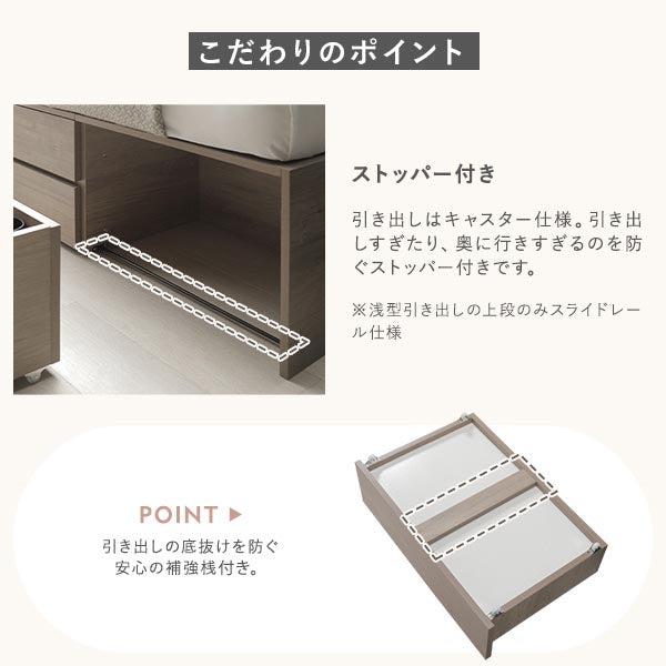 こだわりのポイント:ストッパー付き/引き出しの底抜けを防ぐ安心の補強桟付き。