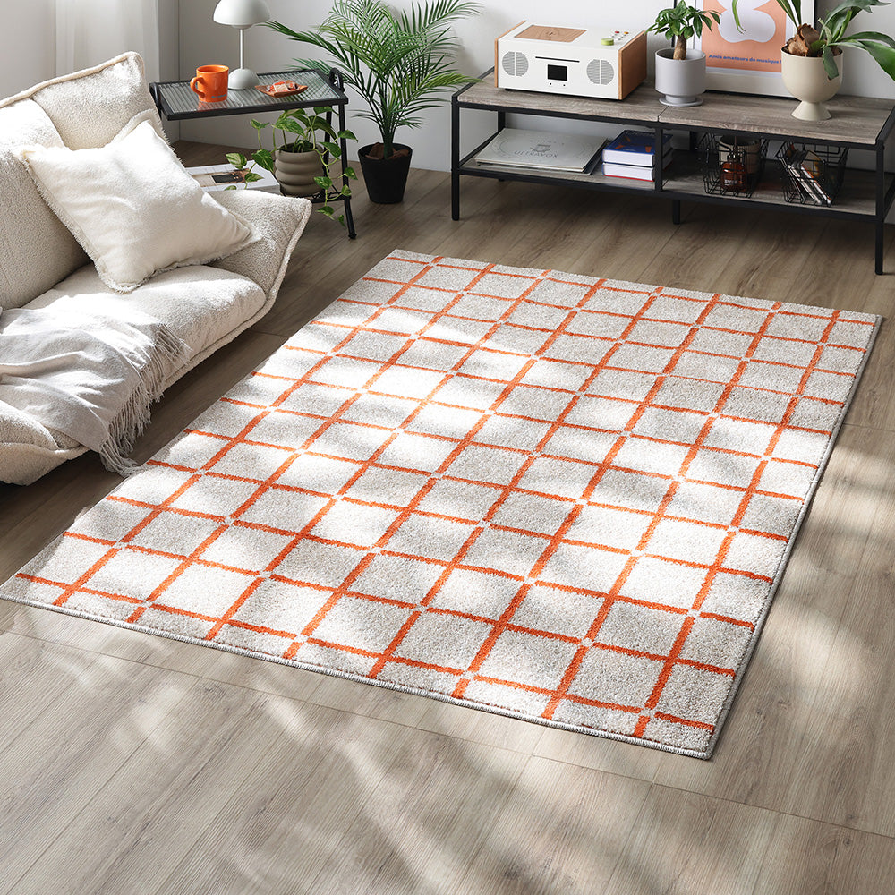 国産 洗濯機で洗える デザインラグ(軽量・防ダニ・アレルブロック) 約130×185cm オレンジ