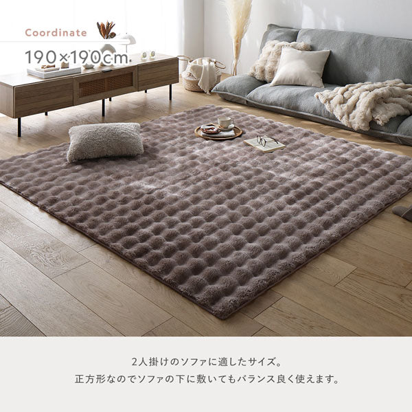 190×190cm:2人掛けのソファに適したサイズ。正方形なのでソファの下に敷いてもバランス良く使えます。
