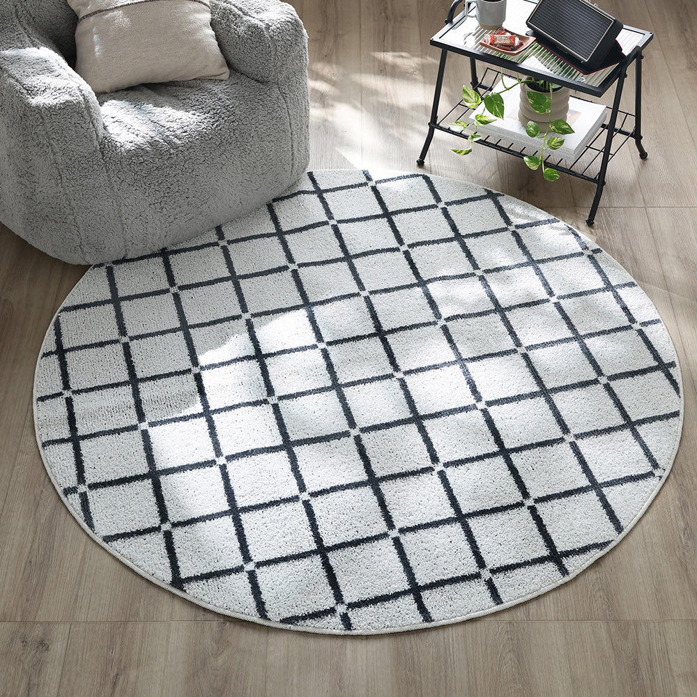 国産 洗濯機で洗える デザインラグ(軽量・防ダニ・アレルブロック) 約150×150cm(円形) ホワイト