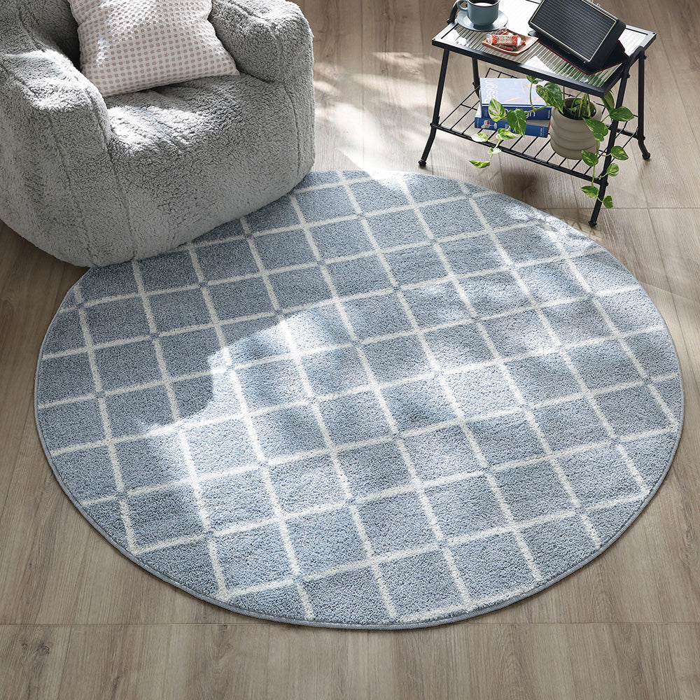 国産 洗濯機で洗える デザインラグ(軽量・防ダニ・アレルブロック) 約150×150cm(円形) ブルー