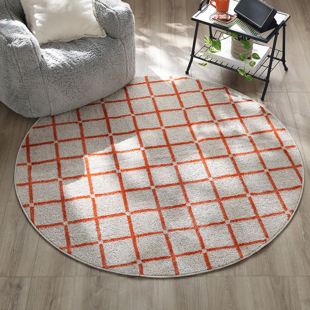 国産 洗濯機で洗える デザインラグ(軽量・防ダニ・アレルブロック) 約150×150cm(円形) オレンジ