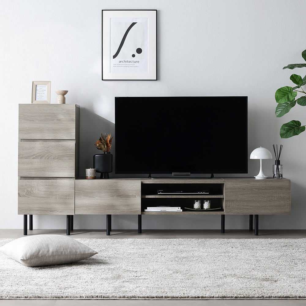 異素材MIX テレビボード(150cm幅) + チェスト(スリム3段) セット 『Stova ストーヴァ』 グレージュ