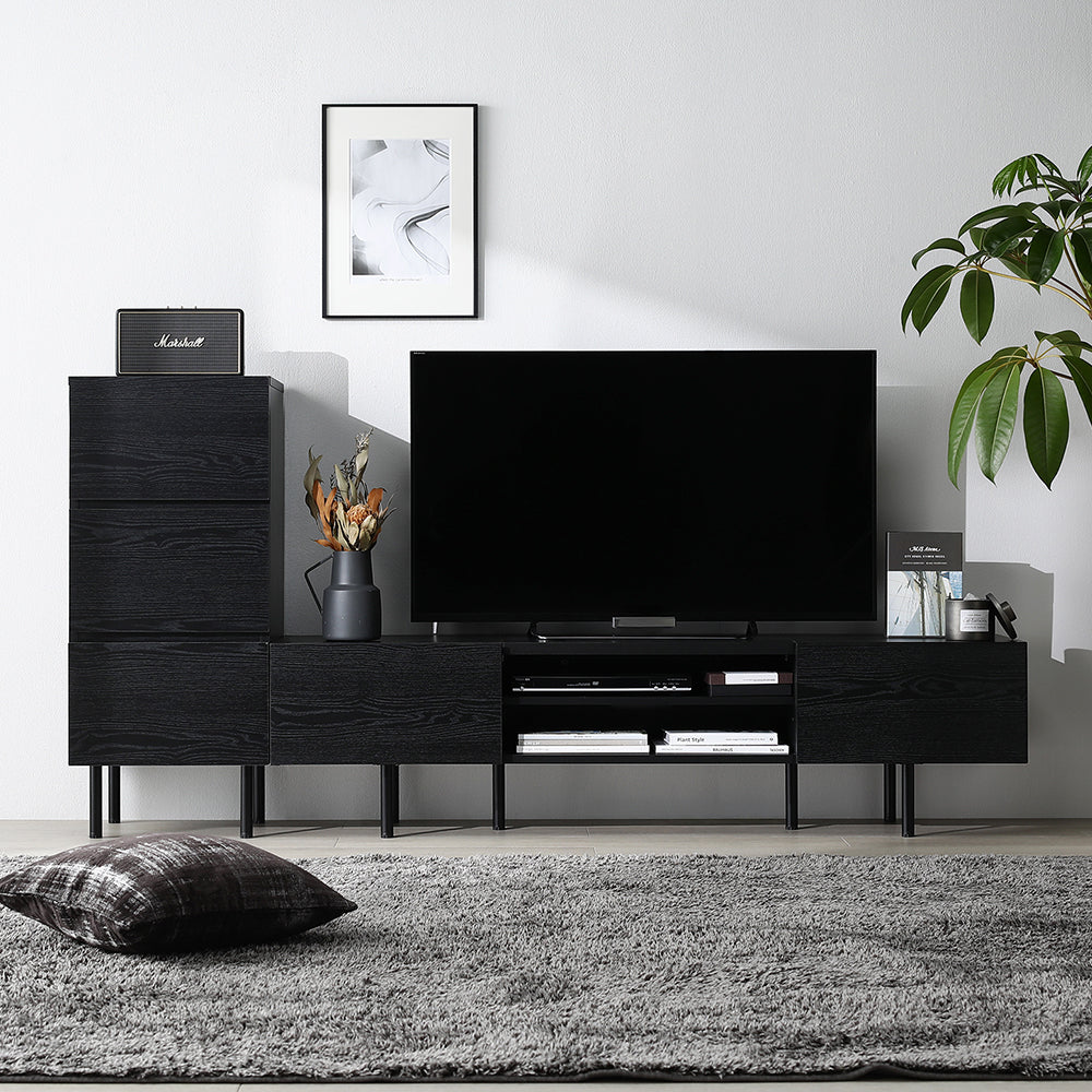 異素材MIX テレビボード(150cm幅) + チェスト(スリム3段) セット 『Stova ストーヴァ』 ブラック