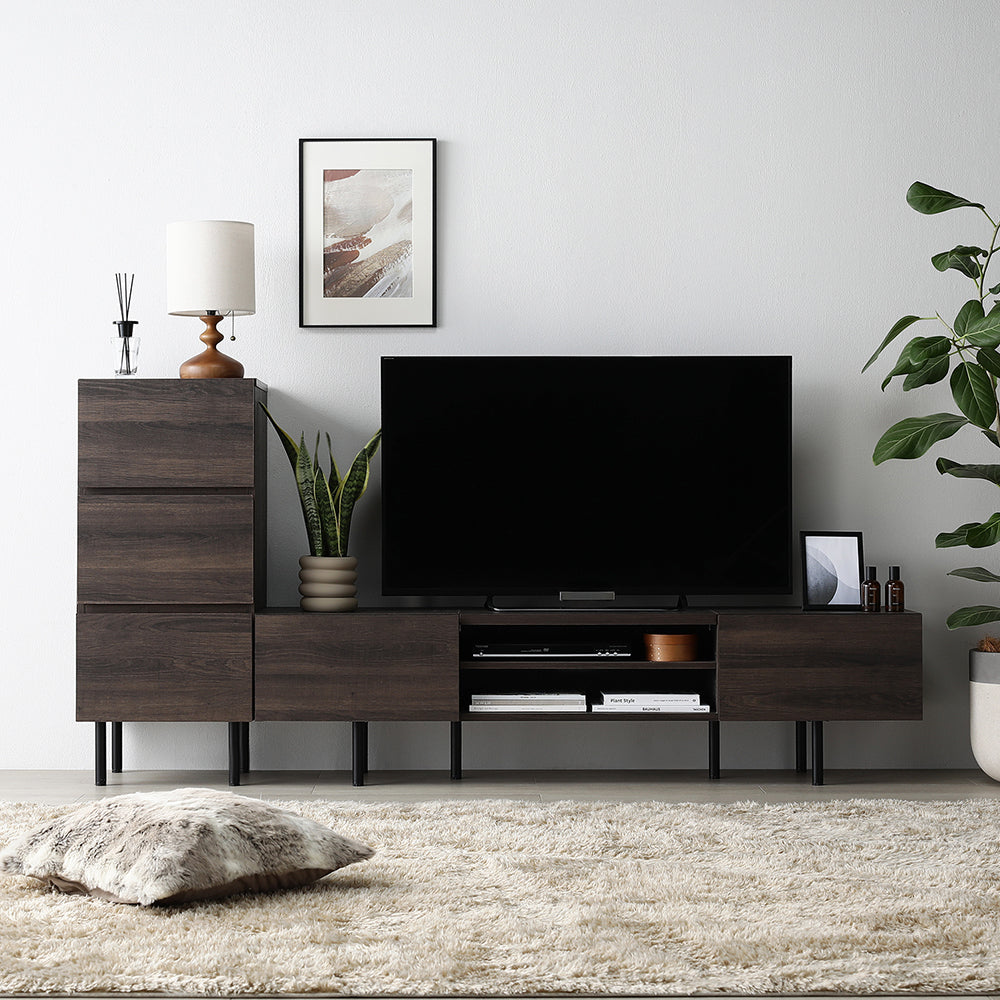 異素材MIX テレビボード(150cm幅) + チェスト(スリム3段) セット 『Stova ストーヴァ』 ブラウン