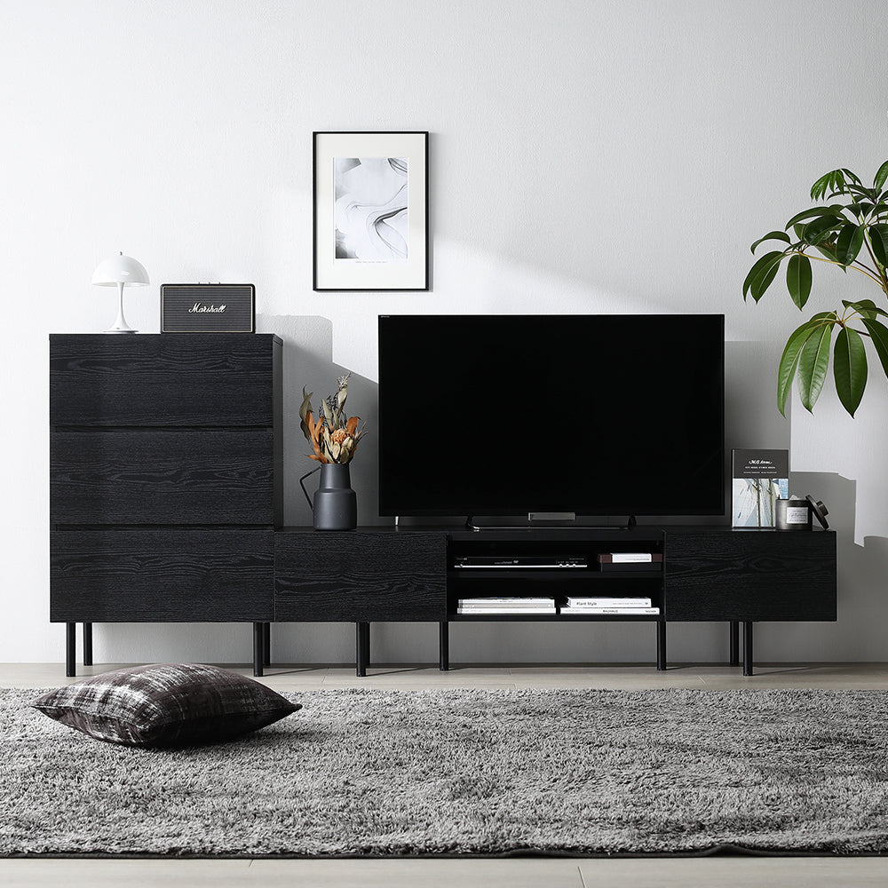 異素材MIX テレビボード(150cm幅) + チェスト(ワイド3段) セット 『Stova ストーヴァ』 ブラック