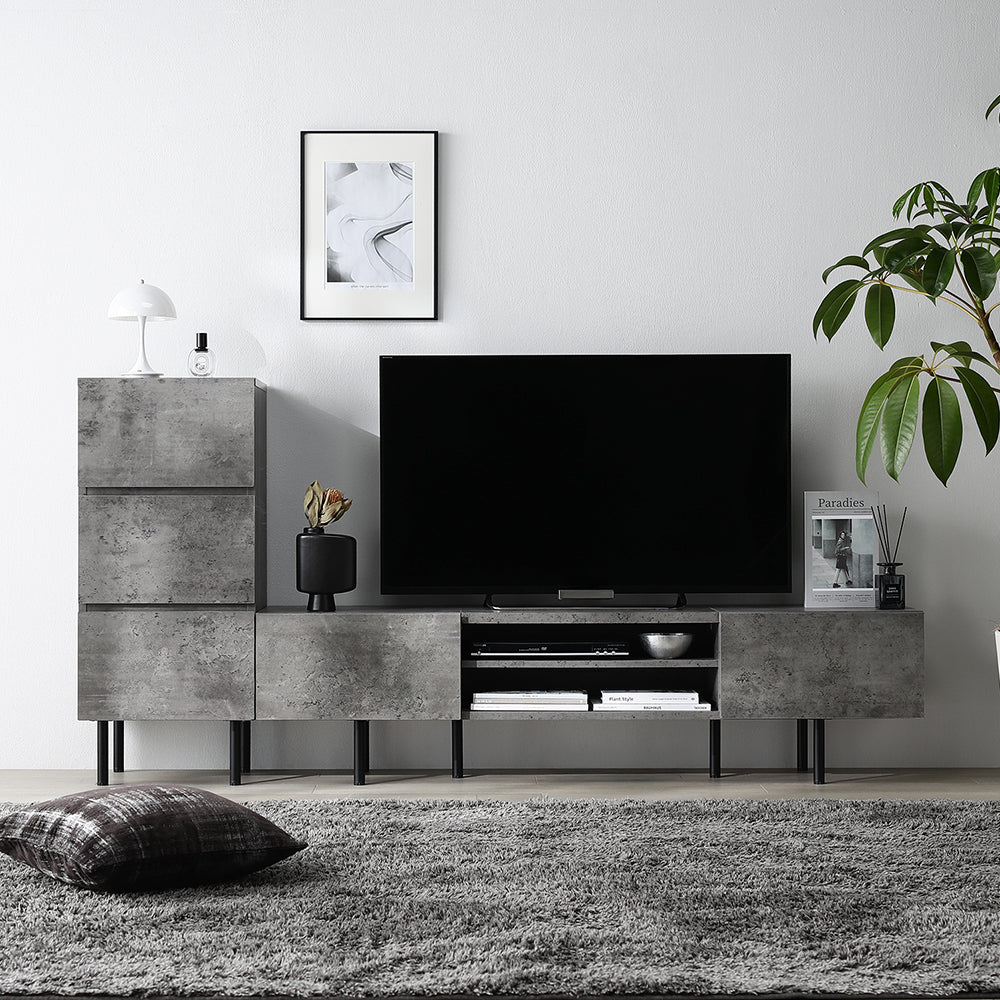 異素材MIX テレビボード(150cm幅) + チェスト(スリム3段) セット 『Stova ストーヴァ』 ストーングレー