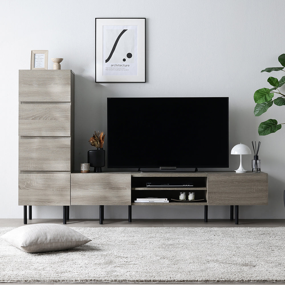 異素材MIX テレビボード(150cm幅) + チェスト(スリム4段) セット 『Stova ストーヴァ』 グレージュ