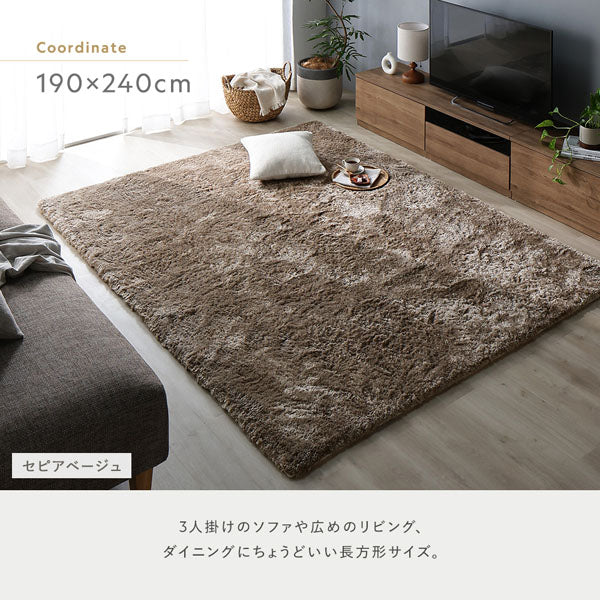 190×240cm:3人掛けのソファや広めのリビング、ダイニングにちょうどいい長方形サイズ。