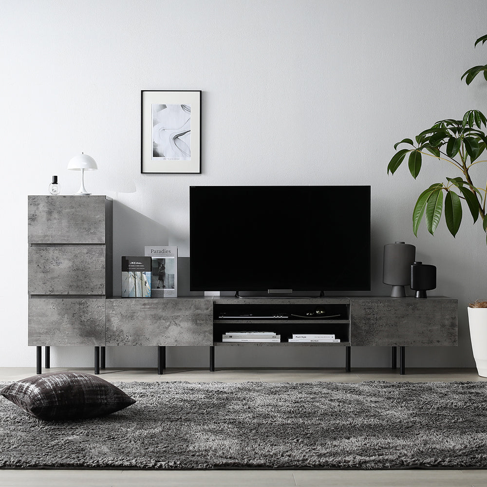 異素材MIX テレビボード(180cm幅) + チェスト(スリム3段) セット 『Stova ストーヴァ』 ストーングレー