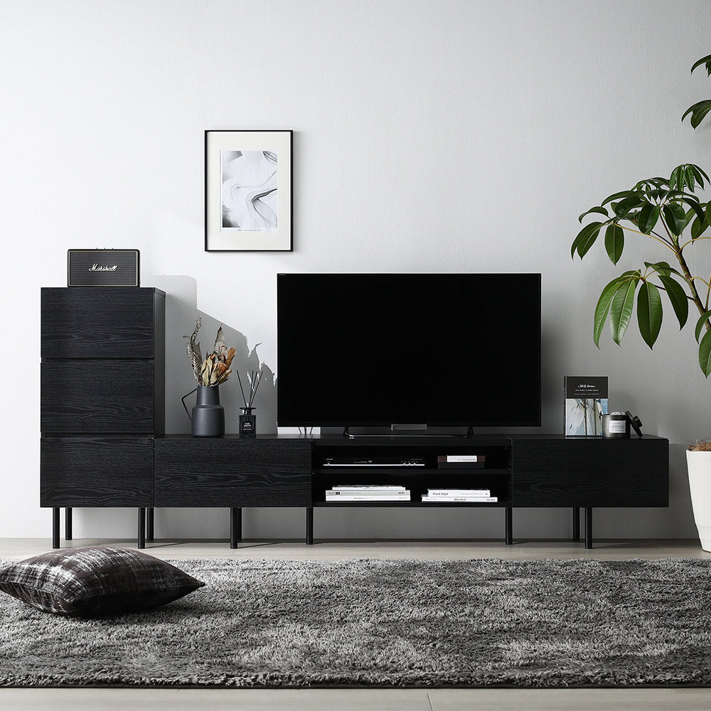 異素材MIX テレビボード(180cm幅) + チェスト(スリム3段) セット 『Stova ストーヴァ』 ブラック
