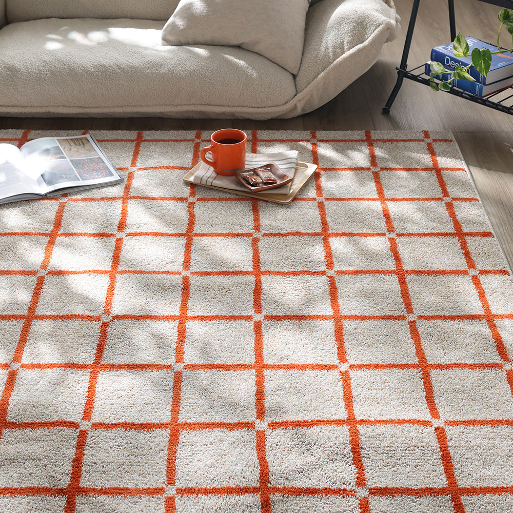 国産 洗濯機で洗える デザインラグ(軽量・防ダニ・アレルブロック) 約185×185cm オレンジ