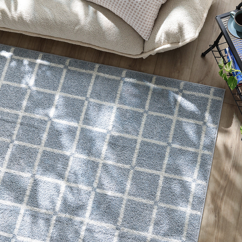 国産 洗濯機で洗える デザインラグ(軽量・防ダニ・アレルブロック) 約185×240cm ブルー