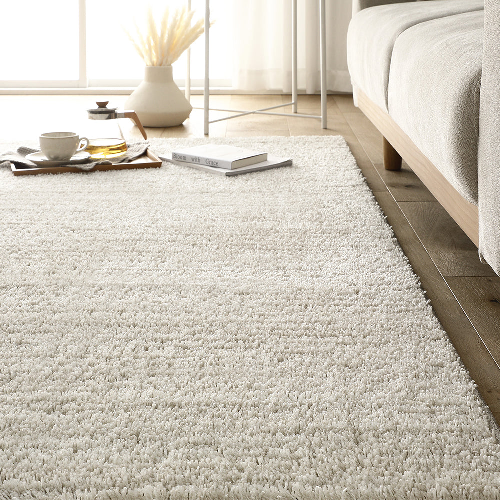 国産 洗えるミックスパイルラグ(軽量・防ダニ・アレルブロック・遊び毛防止) 約190×190cm アイボリー