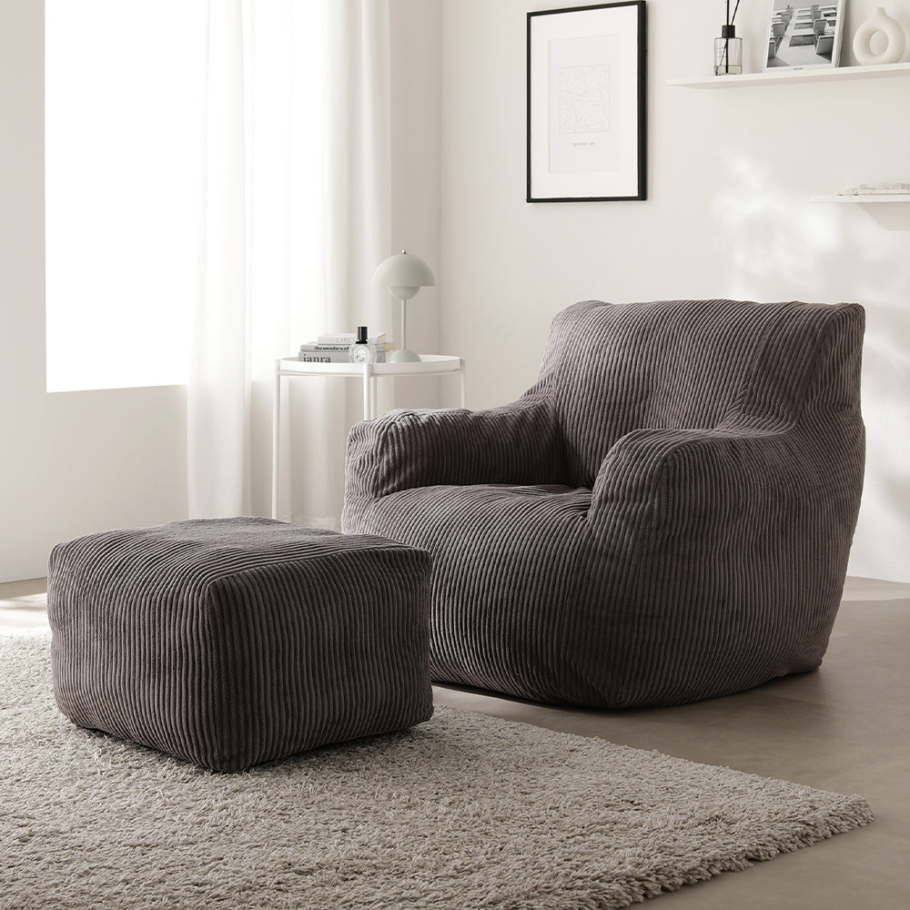 ウレタンクッションソファ 『Cloofy クルーフィ』 1人掛け+オットマンセット コーデュロイ生地 チャコールグレー