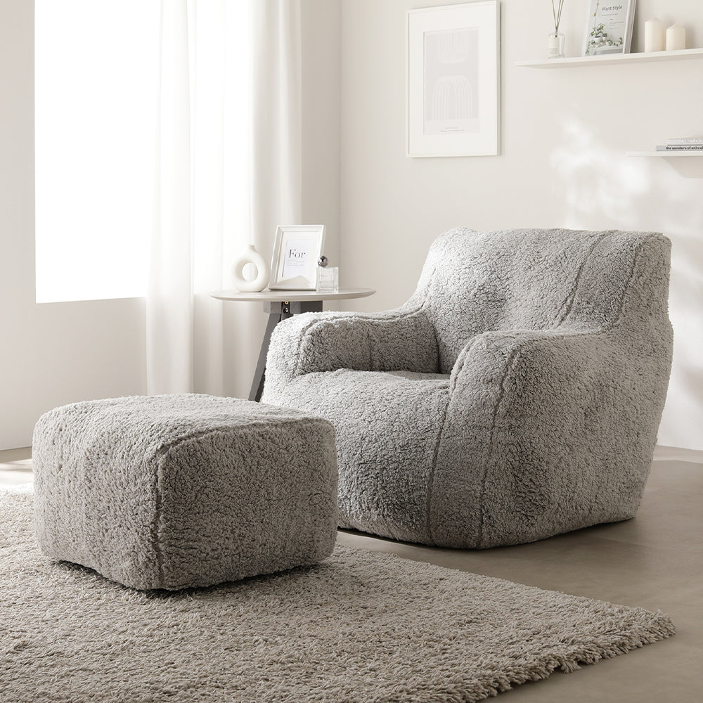 ウレタンクッションソファ 『Cloofy クルーフィ』 1人掛け+オットマンセット もこもこファー生地 グレー