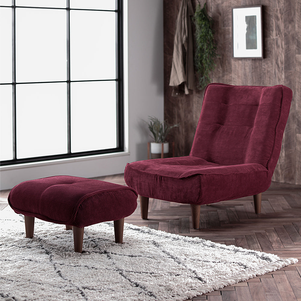 日本製リクライニングハイバックソファ 1人掛け+オットマン 【ヴィンテージシリーズ】コーデュロイ生地 ワインレッド 脚部:ブラウン