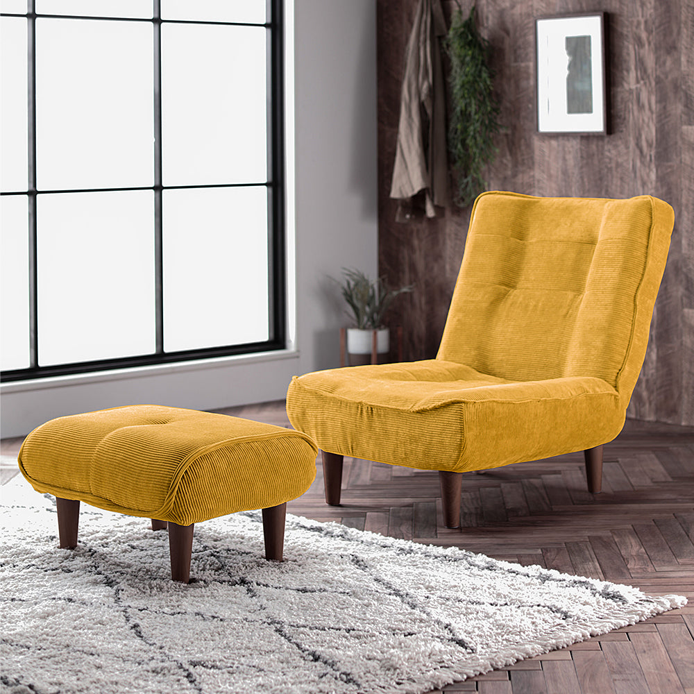 日本製リクライニングハイバックソファ 1人掛け+オットマン 【ヴィンテージシリーズ】コーデュロイ生地 イエロー 脚部:ブラウン