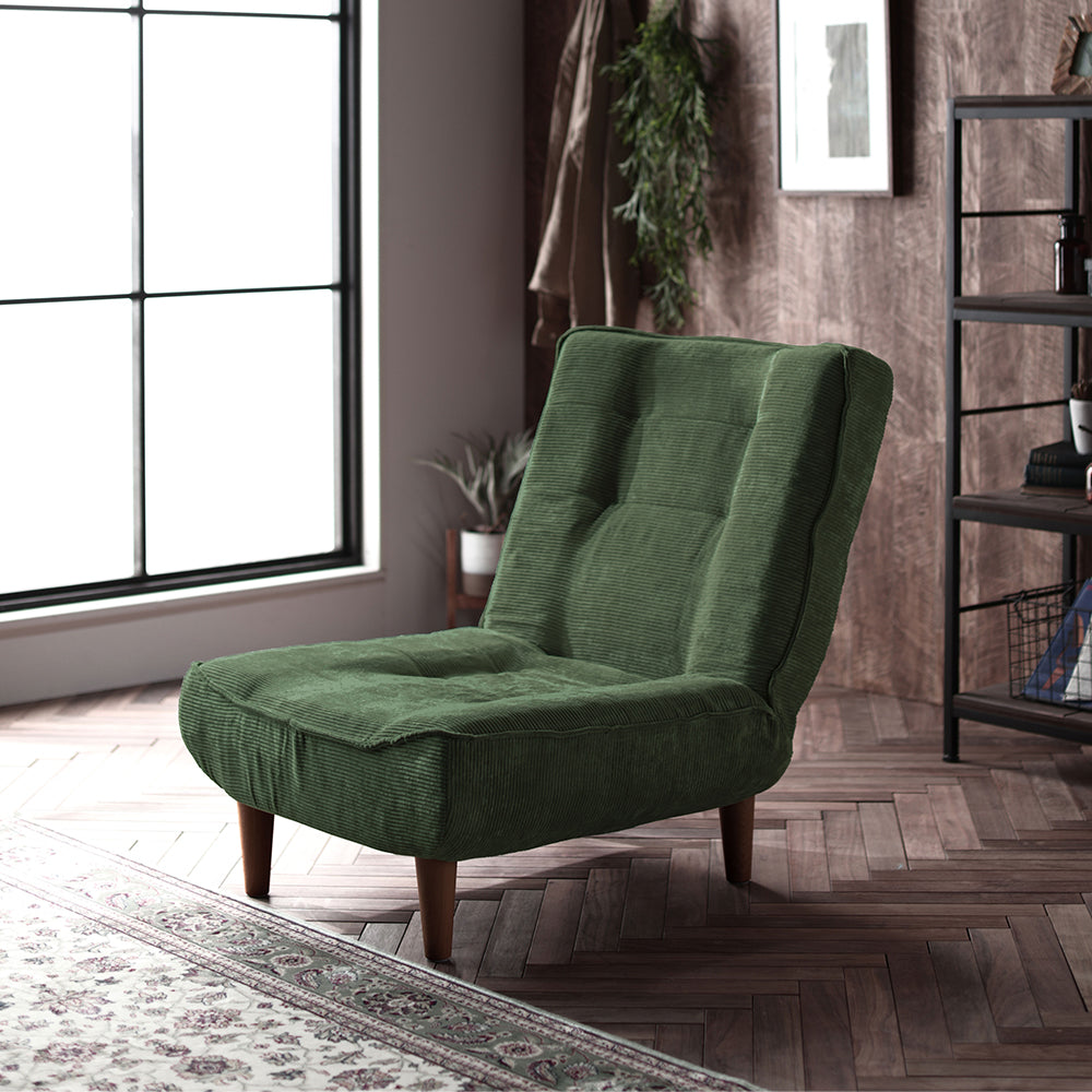 日本製リクライニングハイバックソファ 1人掛け 【ヴィンテージシリーズ】コーデュロイ生地 モスグリーン 脚部:ブラウン