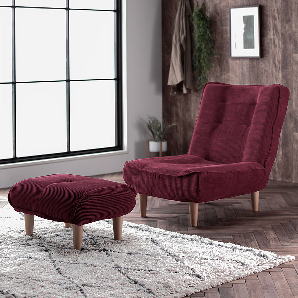 日本製リクライニングハイバックソファ 1人掛け+オットマン 【ヴィンテージシリーズ】コーデュロイ生地 ワインレッド 脚部:ナチュラル