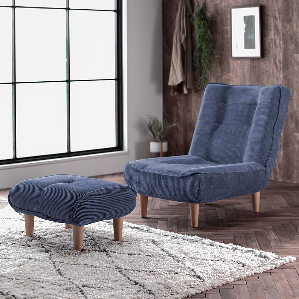 日本製リクライニングハイバックソファ 1人掛け+オットマン 【ヴィンテージシリーズ】コーデュロイ生地 ブルー 脚部:ナチュラル