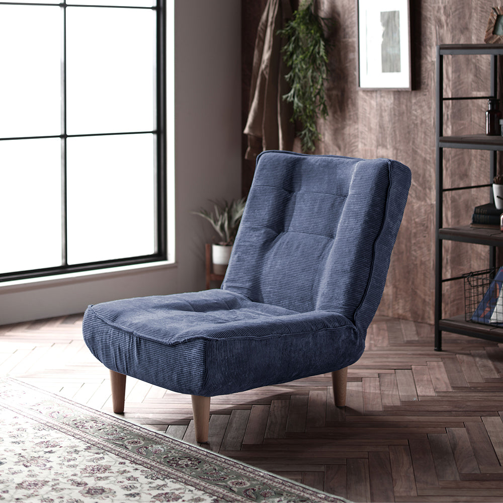 日本製リクライニングハイバックソファ 1人掛け 【ヴィンテージシリーズ】コーデュロイ生地 ブルー 脚部:ナチュラル