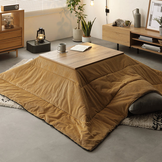 こたつ2点セット(木目柄こたつテーブル+3WAYこたつ掛け布団 コーデュロイ イエロー)