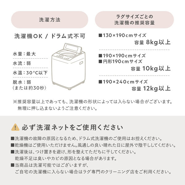 洗濯方法・ラグサイズごとの洗濯機の推奨容量