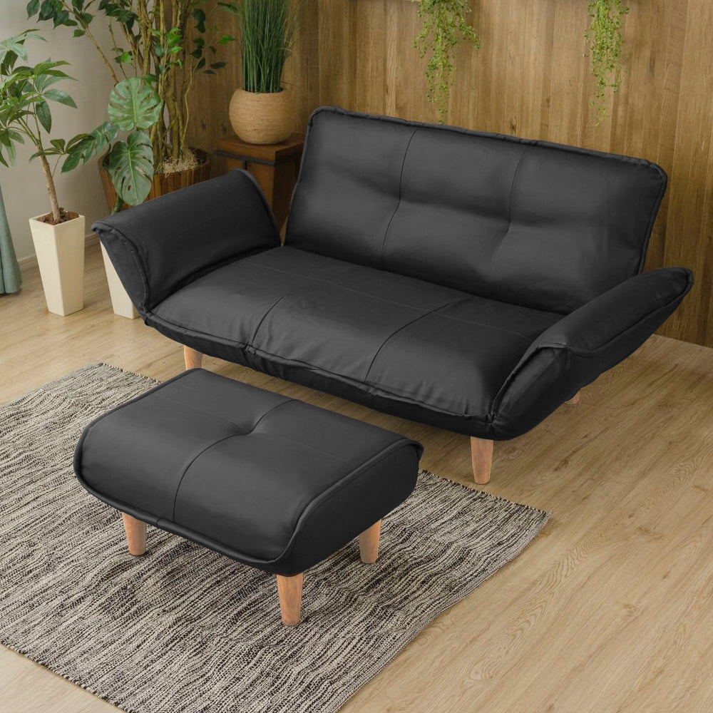 日本製 リクライニングソファ『Coroli コロリ』 2人掛けカウチ(2人掛けソファ+オットマン) PVC生地 ブラック