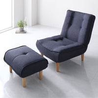 日本製リクライニング ハイバックソファ 1人掛けカウチ(1人掛け+オットマン) デニム生地 インディゴブルー