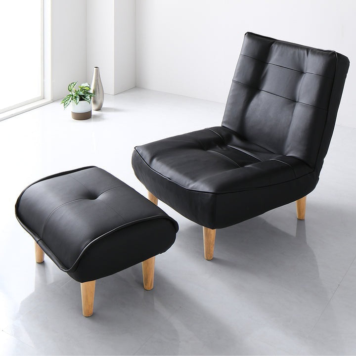 日本製リクライニング ハイバックソファ 1人掛けカウチ(1人掛け+オットマン) PVC生地 ブラック